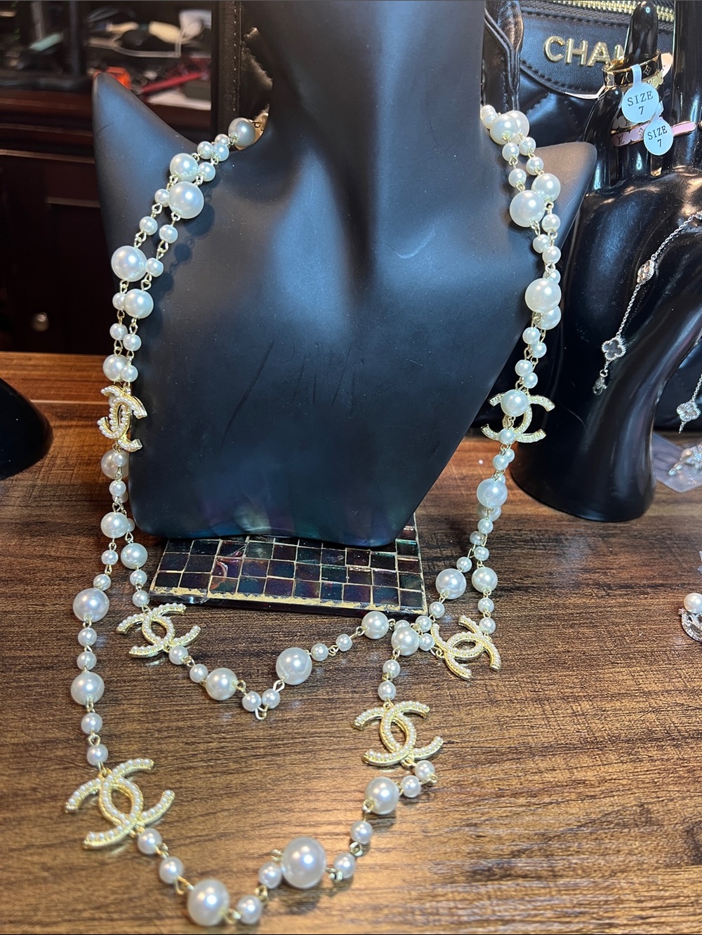 Pearl and Gold-Tone Designer Logo Long Necklace